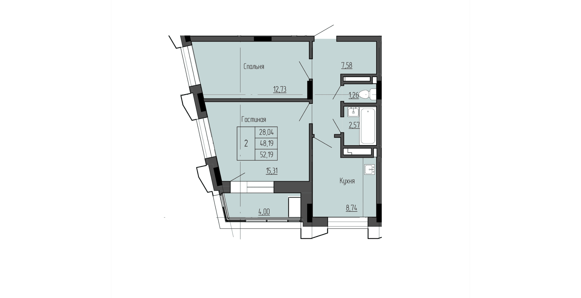 2 комн., 52.7 м²