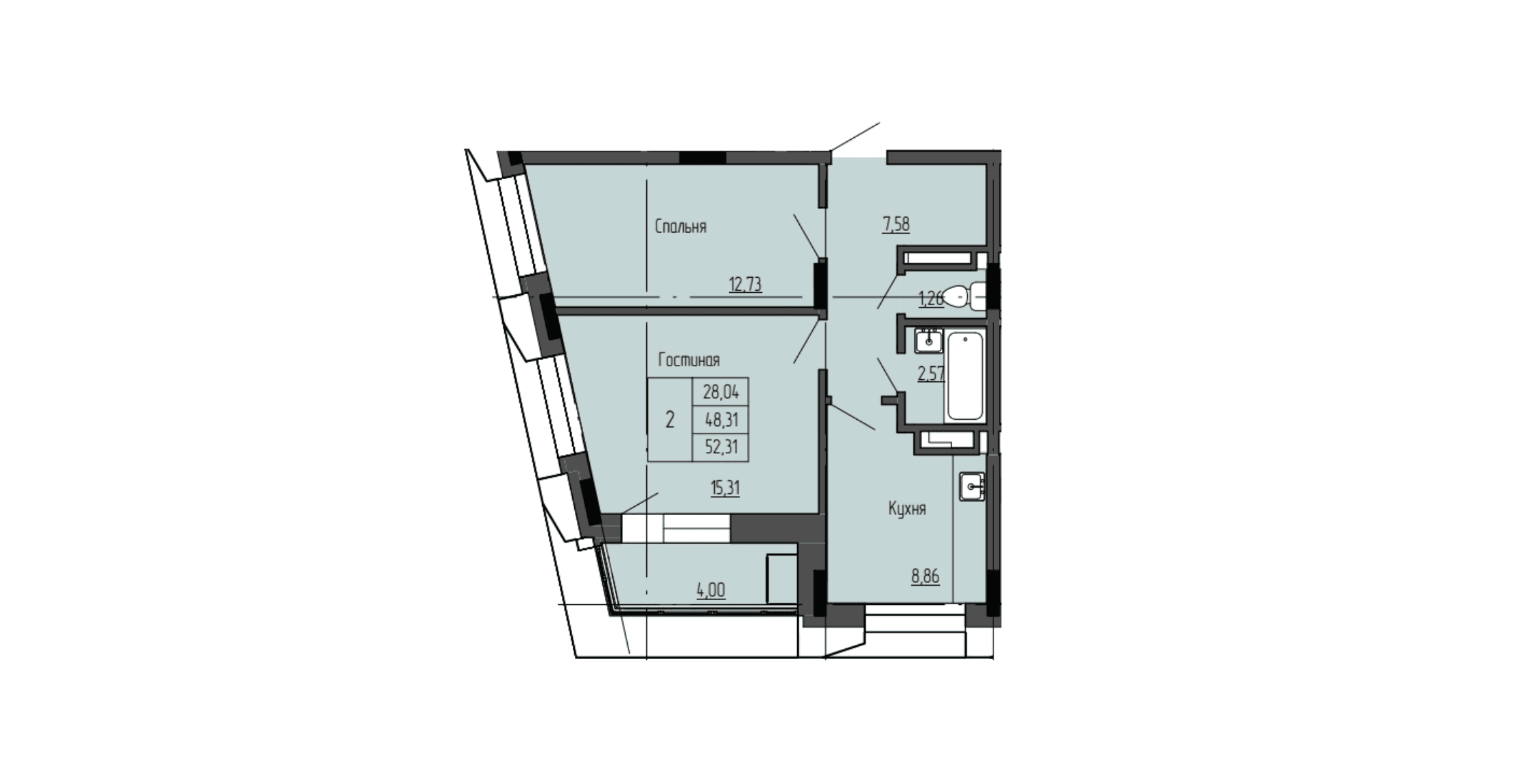 2 комн., 52.6 м²
