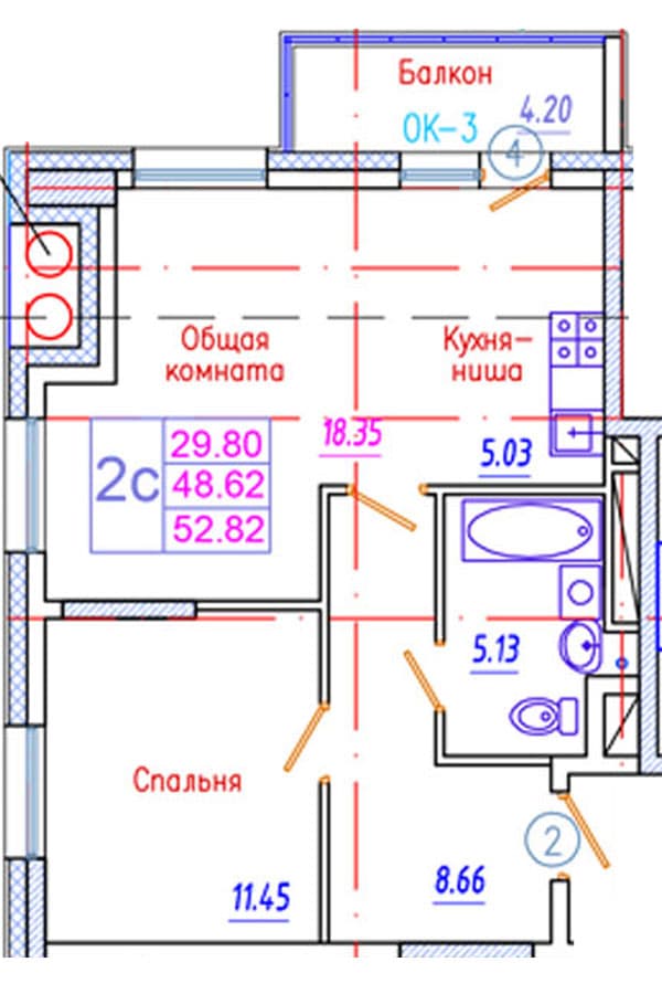 2 комн., 52.8 м²