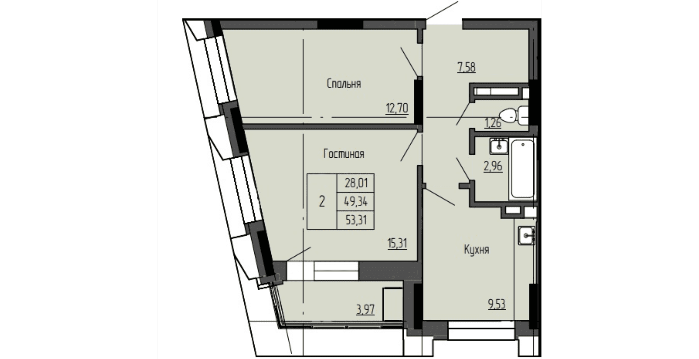 2 комн., 53.3 м²