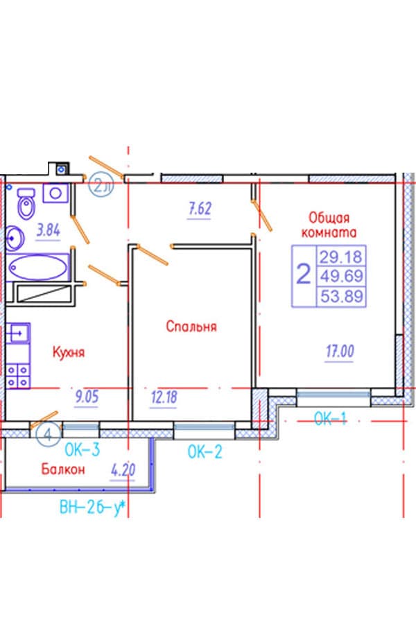 2 комн., 53.9 м²