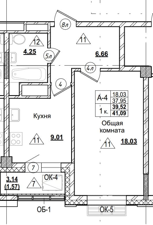 1 комн., 39.5 м²