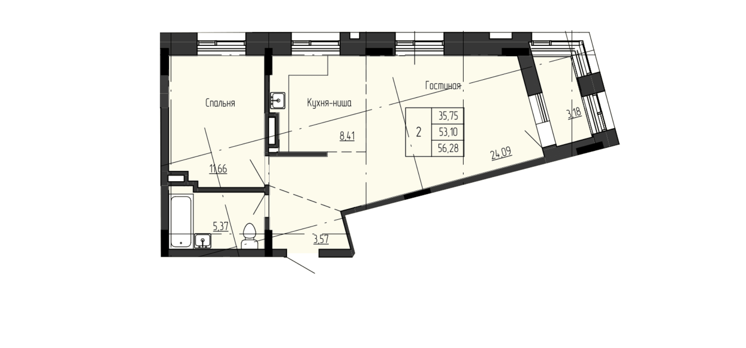 2 комн., 56.6 м²