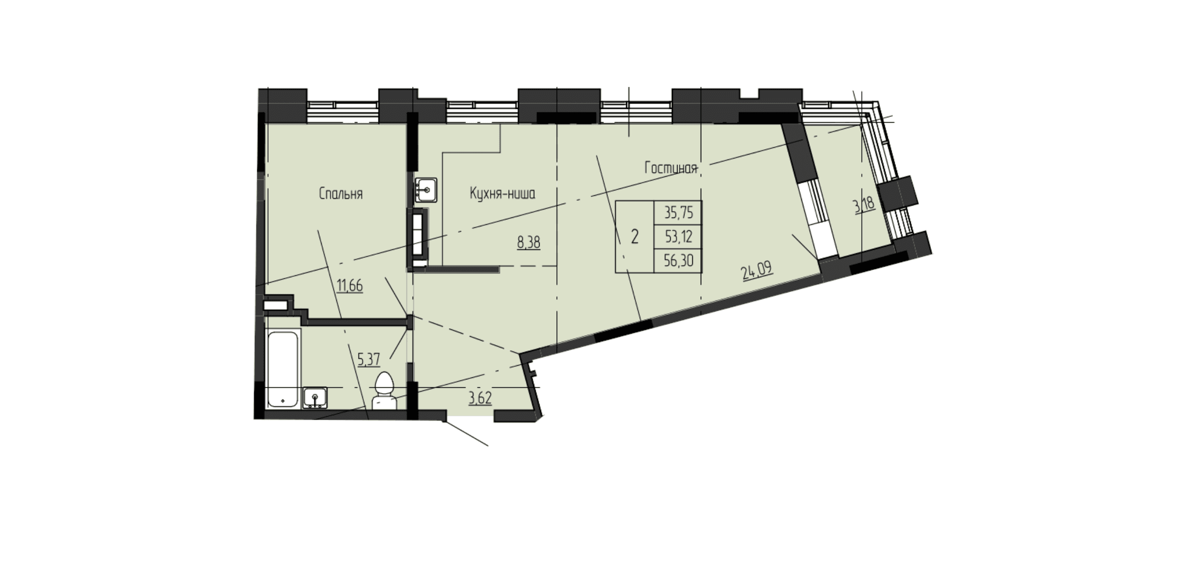 2 комн., 56.7 м²