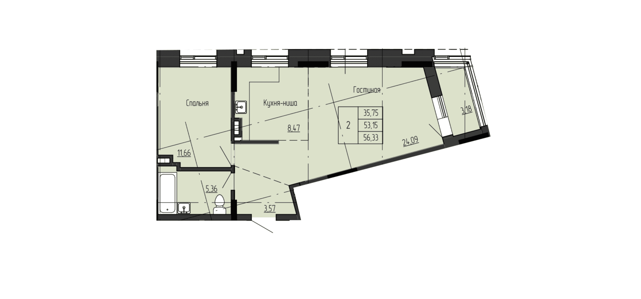 2 комн., 56.8 м²