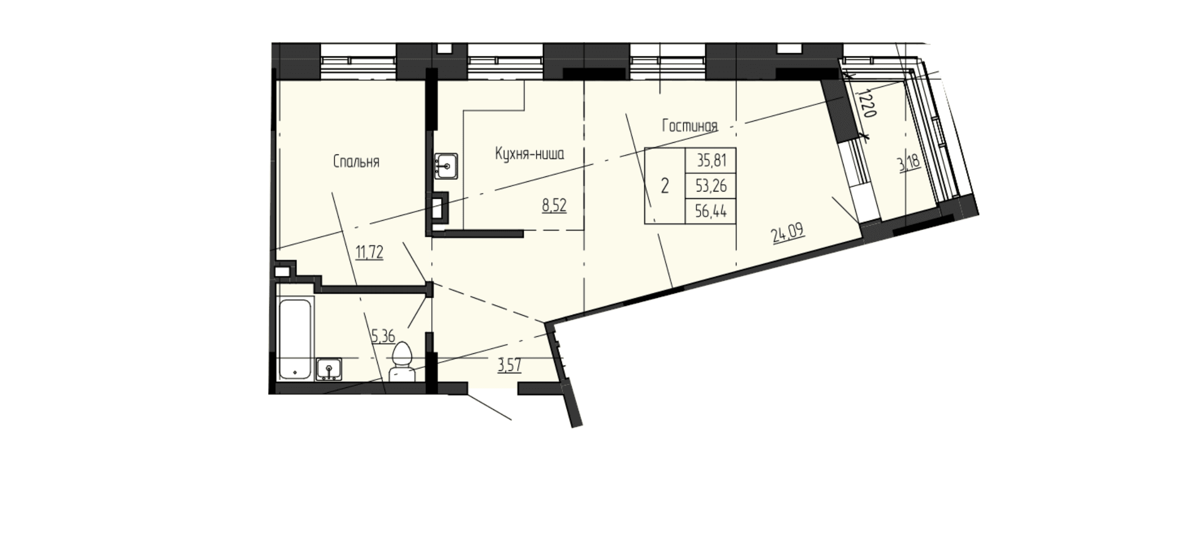 2 комн., 55.9 м²