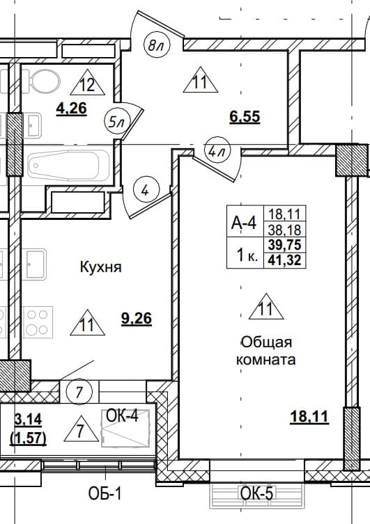 1 комн., 39.8 м²