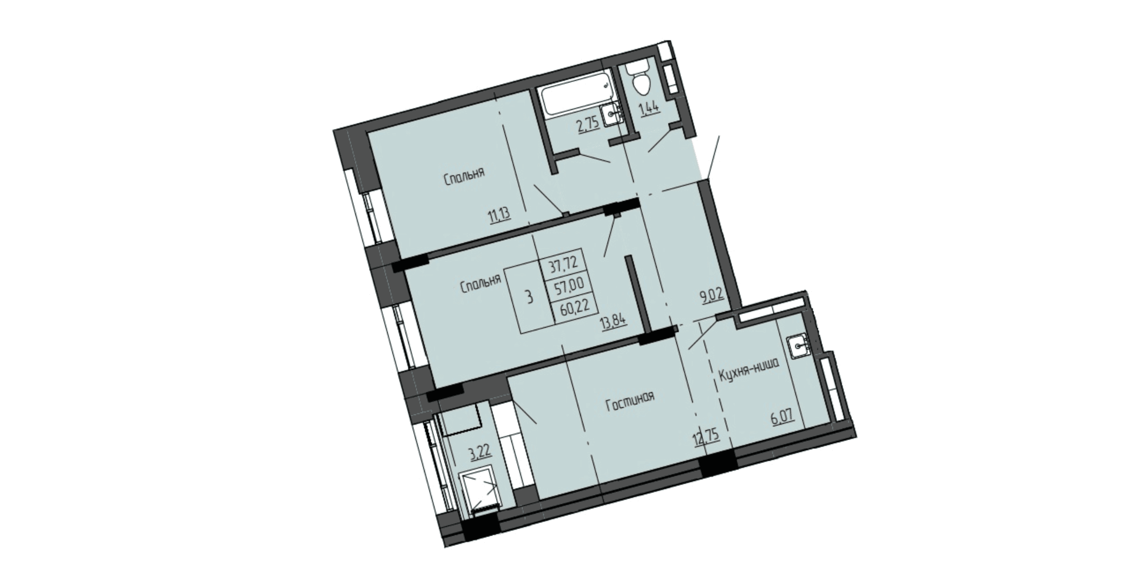 3 комн., 60.4 м²