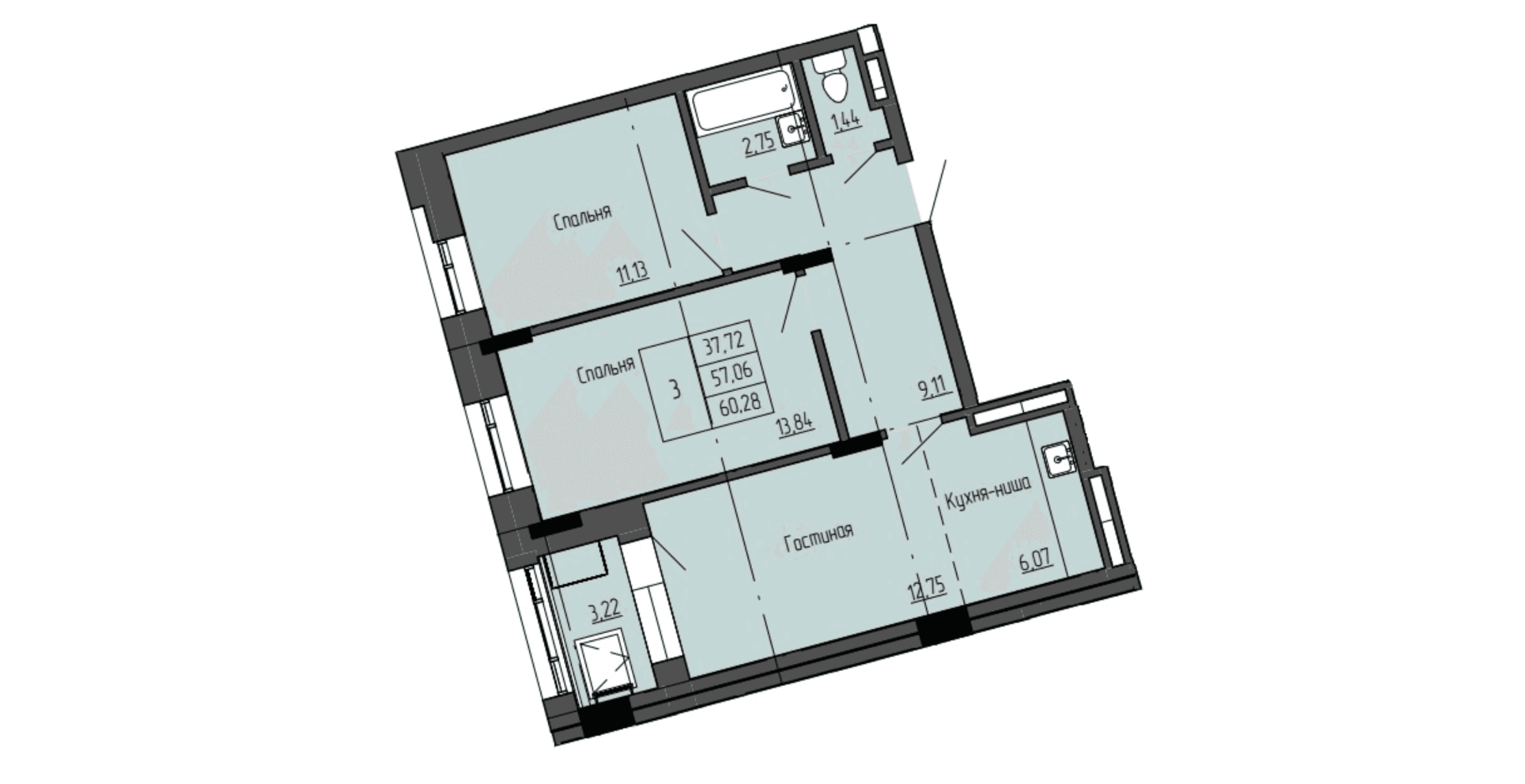3 комн., 60.7 м²