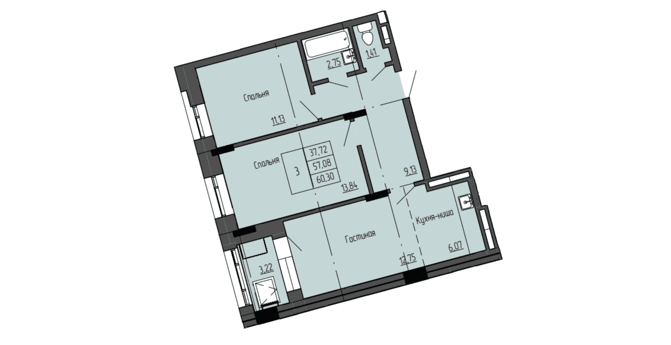 3 комн., 60.5 м²