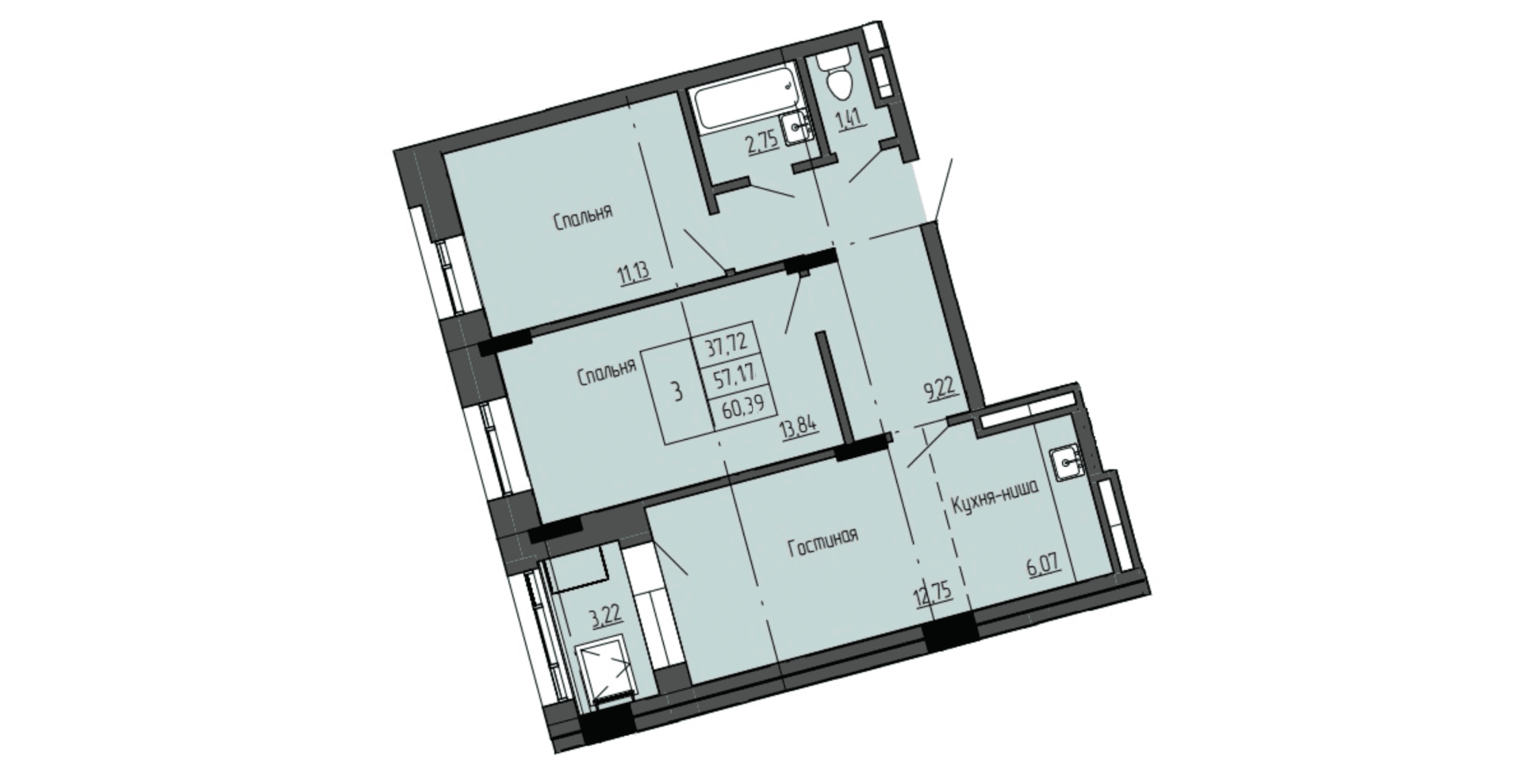 3 комн., 60.8 м²