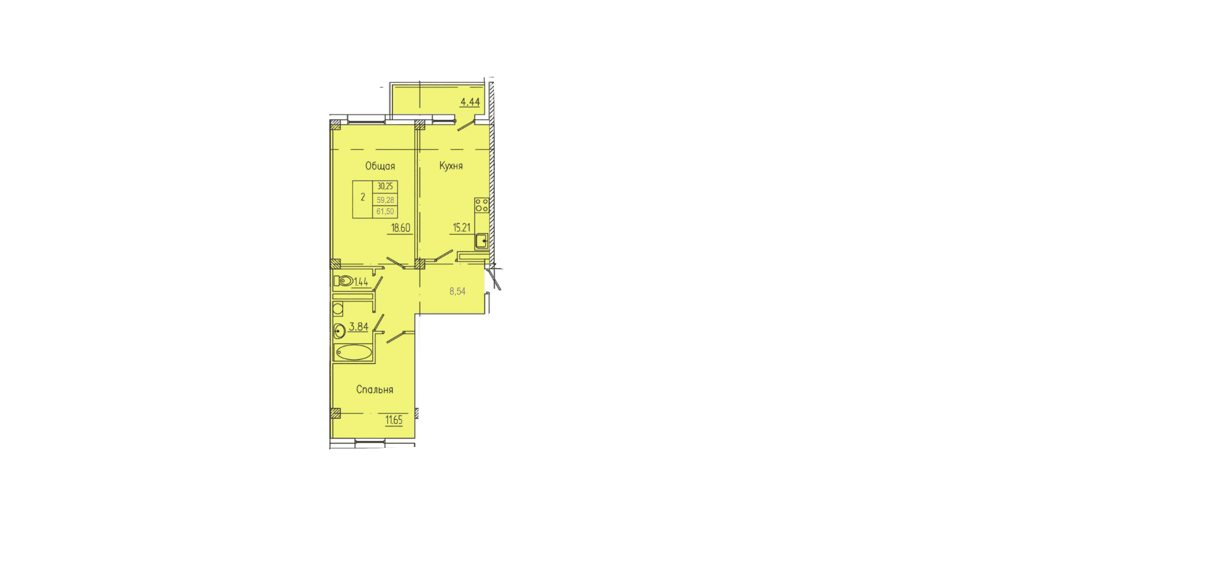 2 комн., 61.4 м²