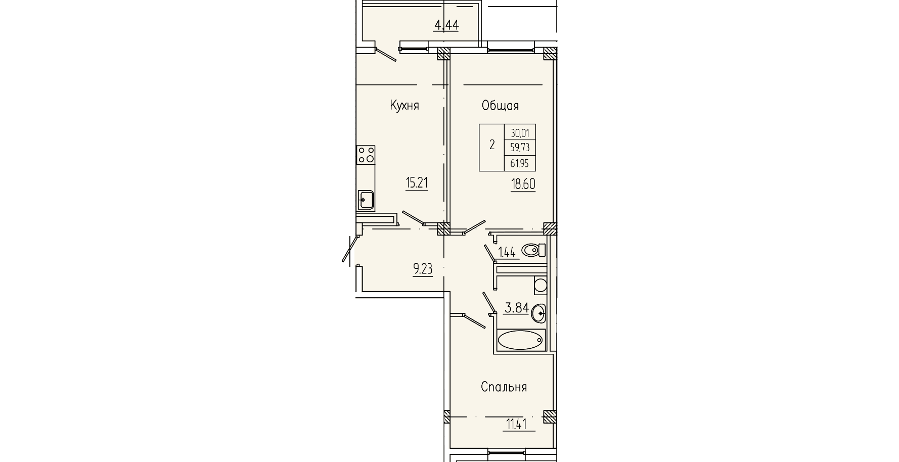 2 комн., 60.9 м²