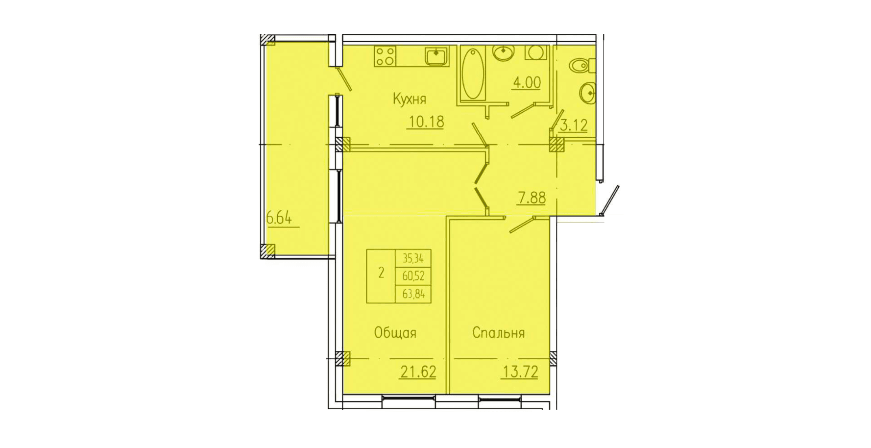 2 комн., 62.6 м²