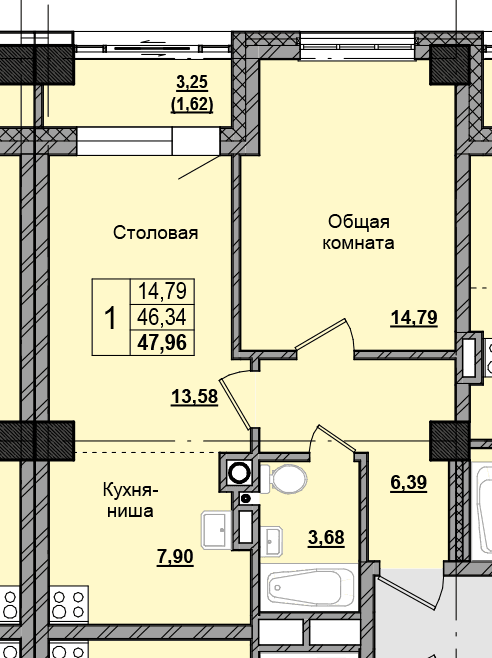 1 комн., 47.2 м²