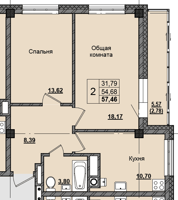 2 комн., 55.8 м²