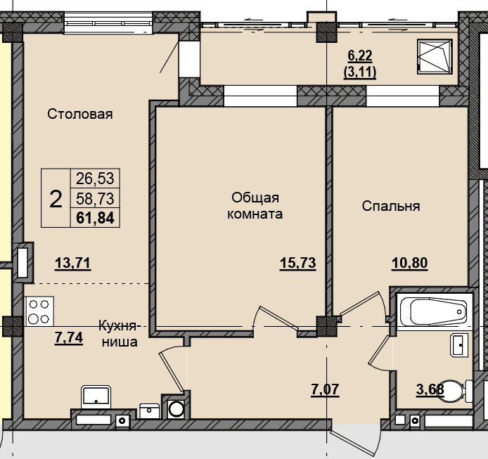 2 комн., 59.6 м²
