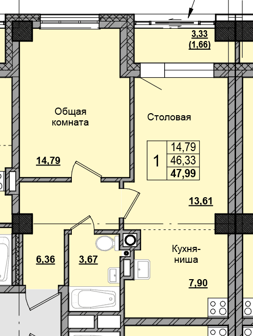 1 комн., 47.0 м²