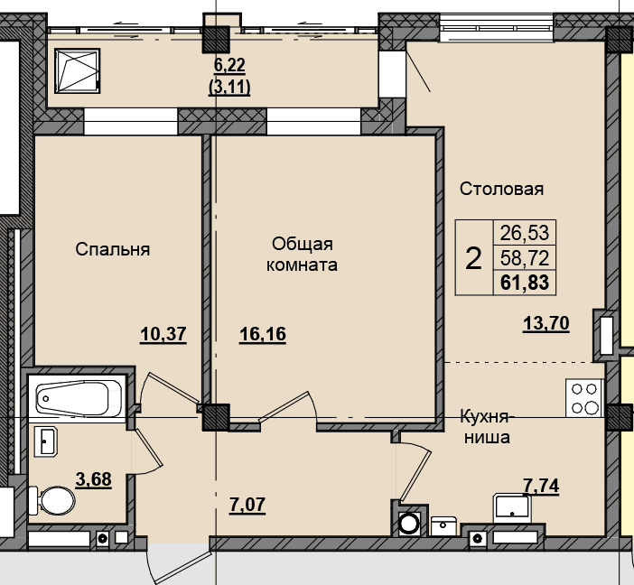 2 комн., 59.2 м²