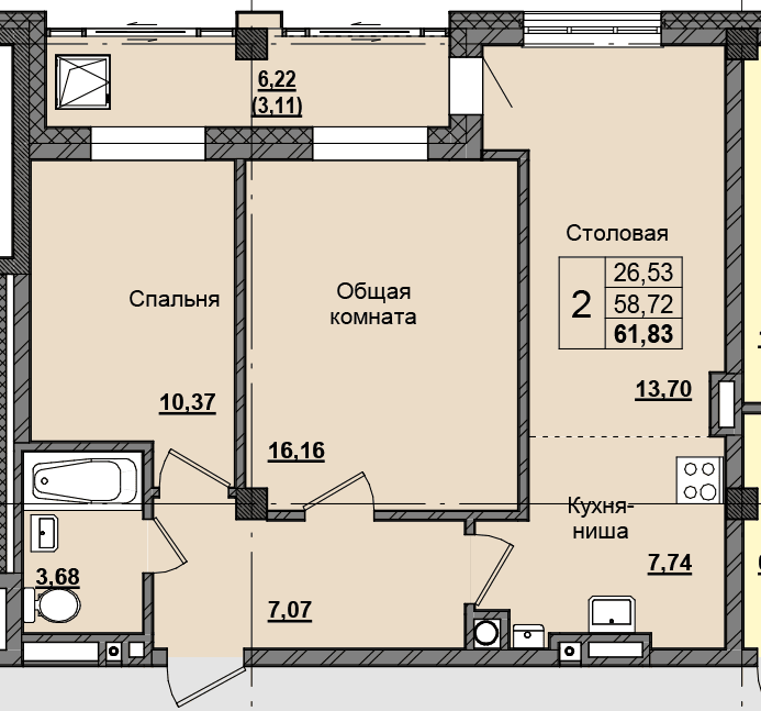 2 комн., 59.4 м²