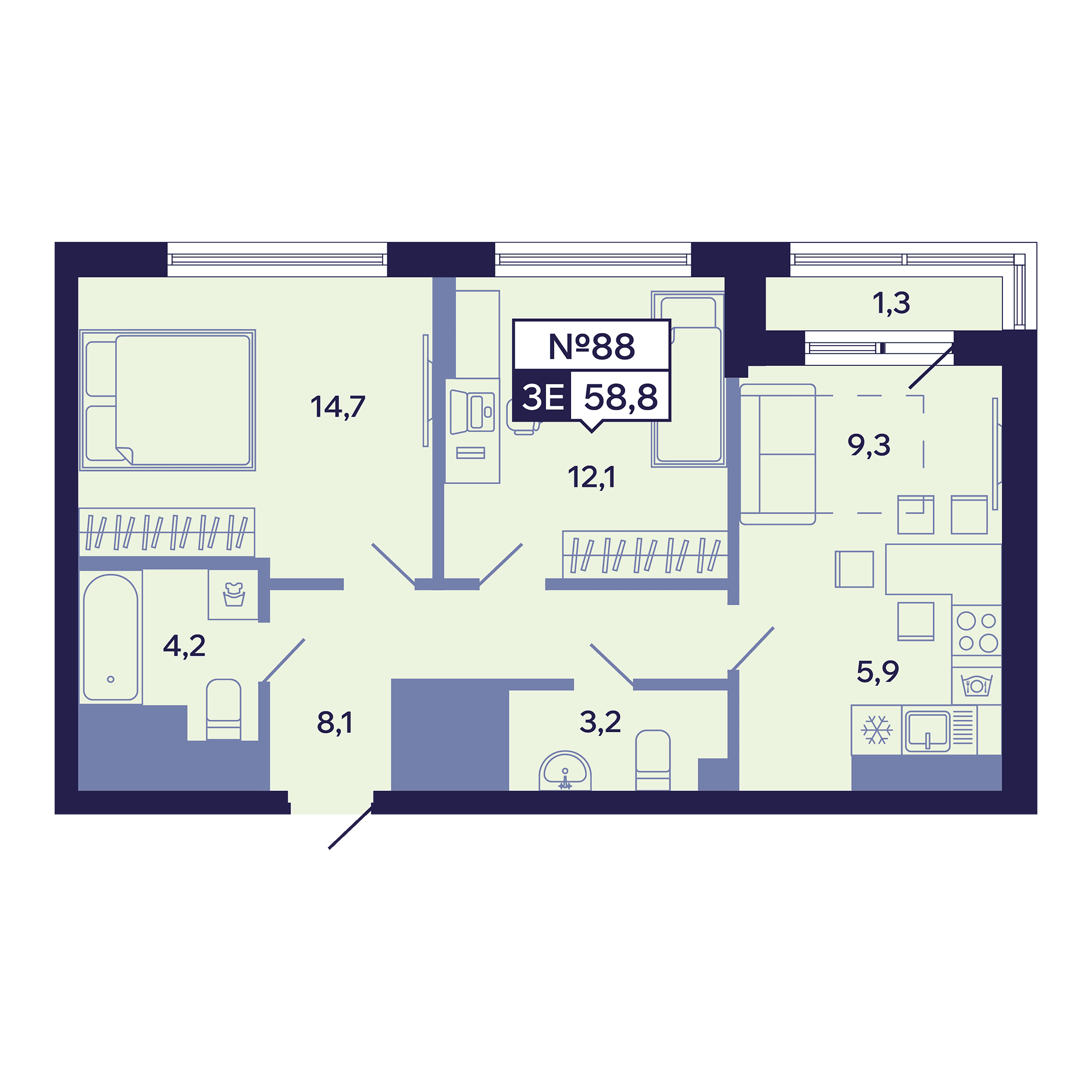 3 комн., 58.8 м²