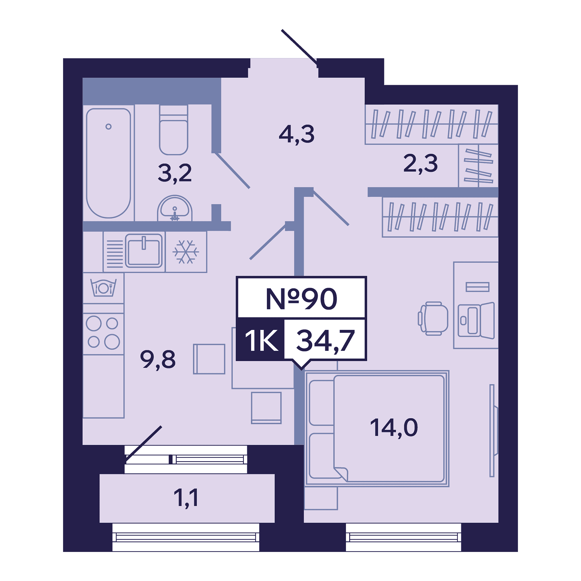 1 комн., 34.7 м²