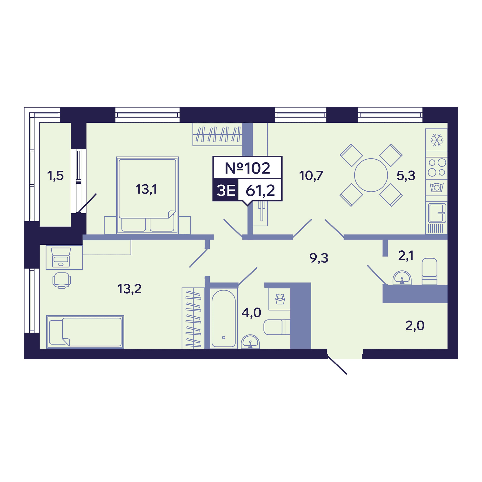 3 комн., 61.2 м²
