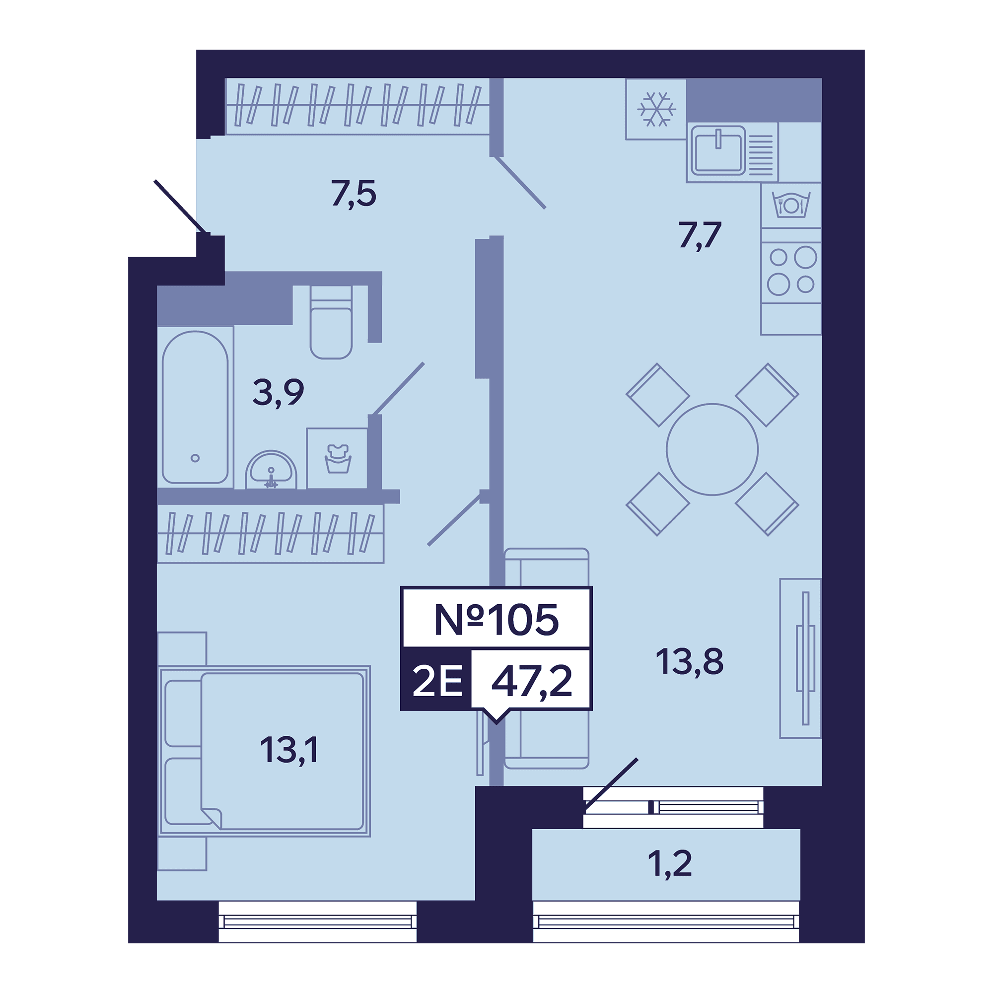 2 комн., 47.2 м²