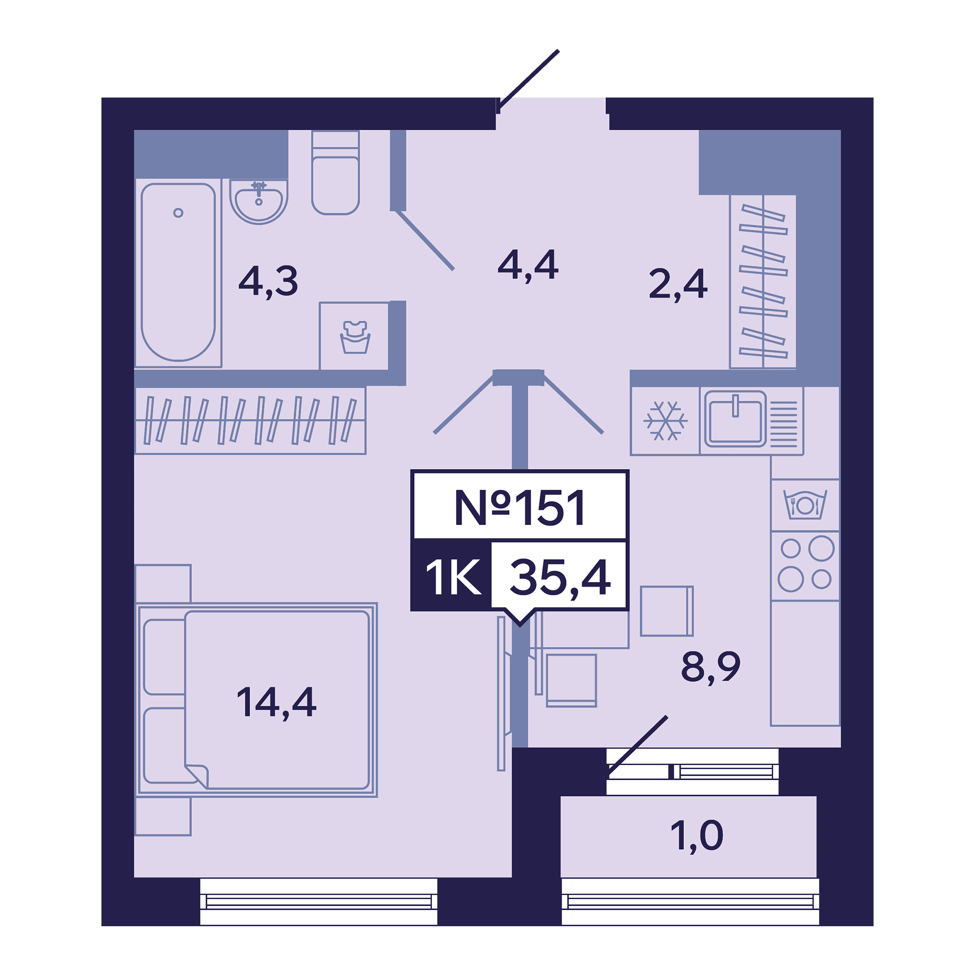 1 комн., 35.4 м²