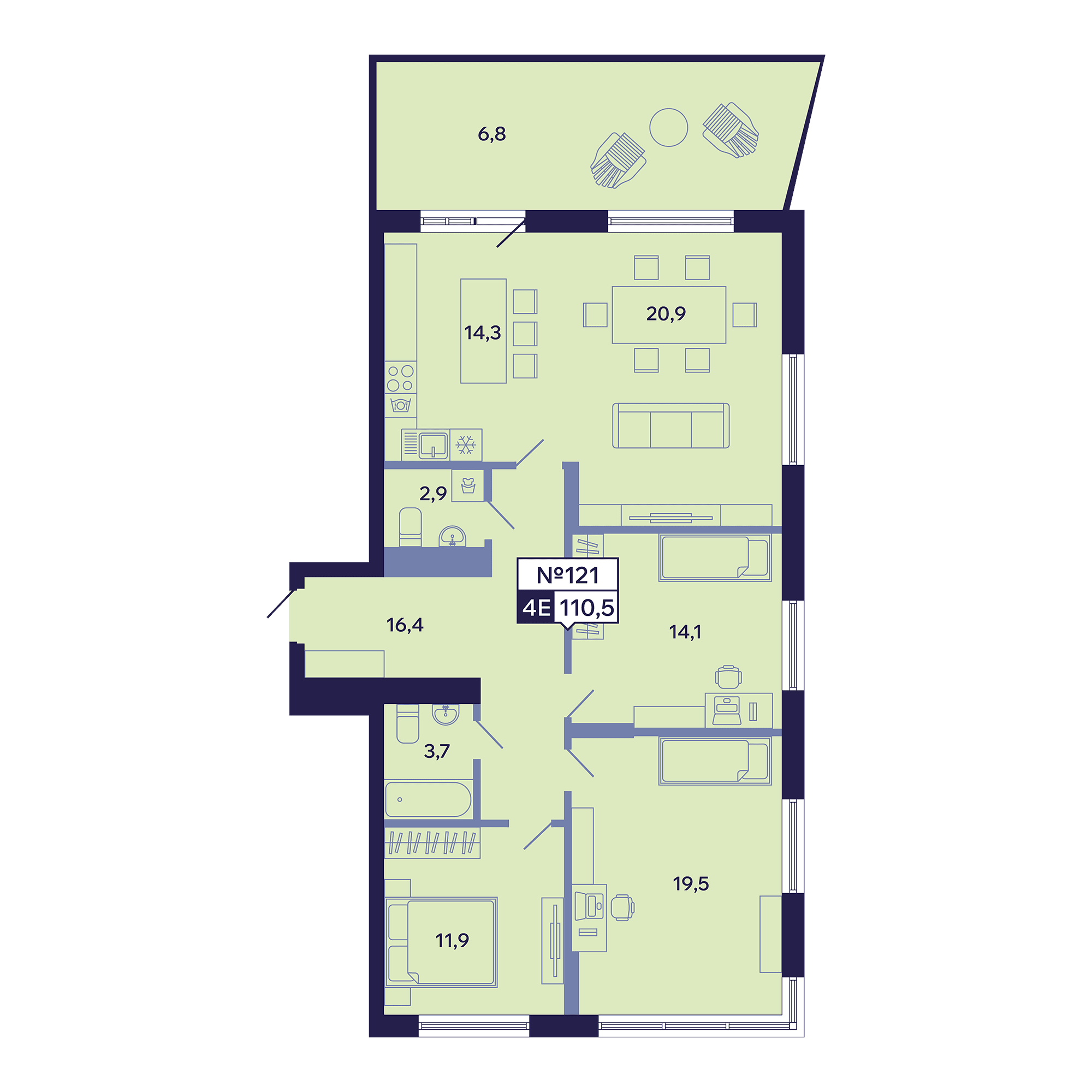 4 комн., 110.5 м²