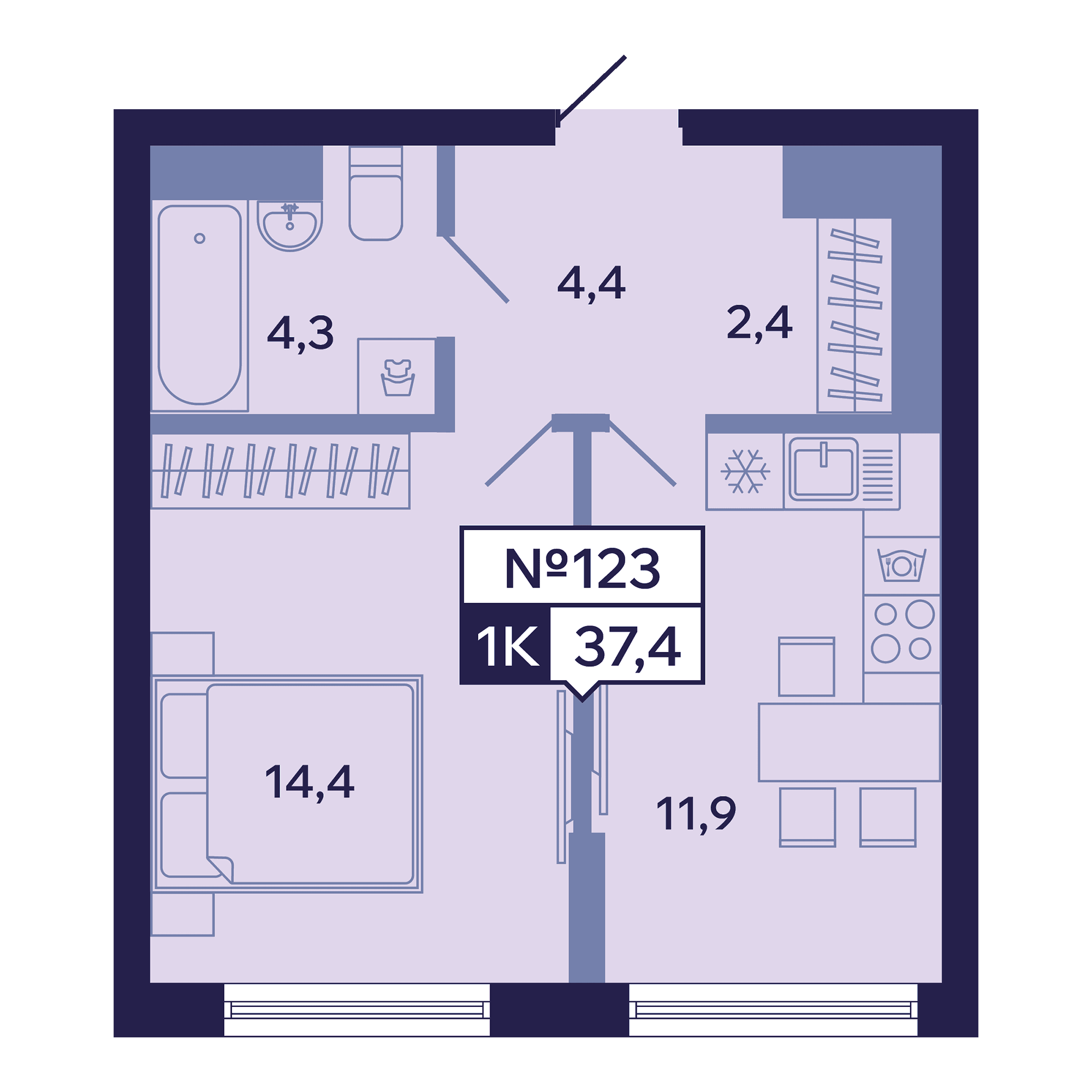 1 комн., 37.4 м²