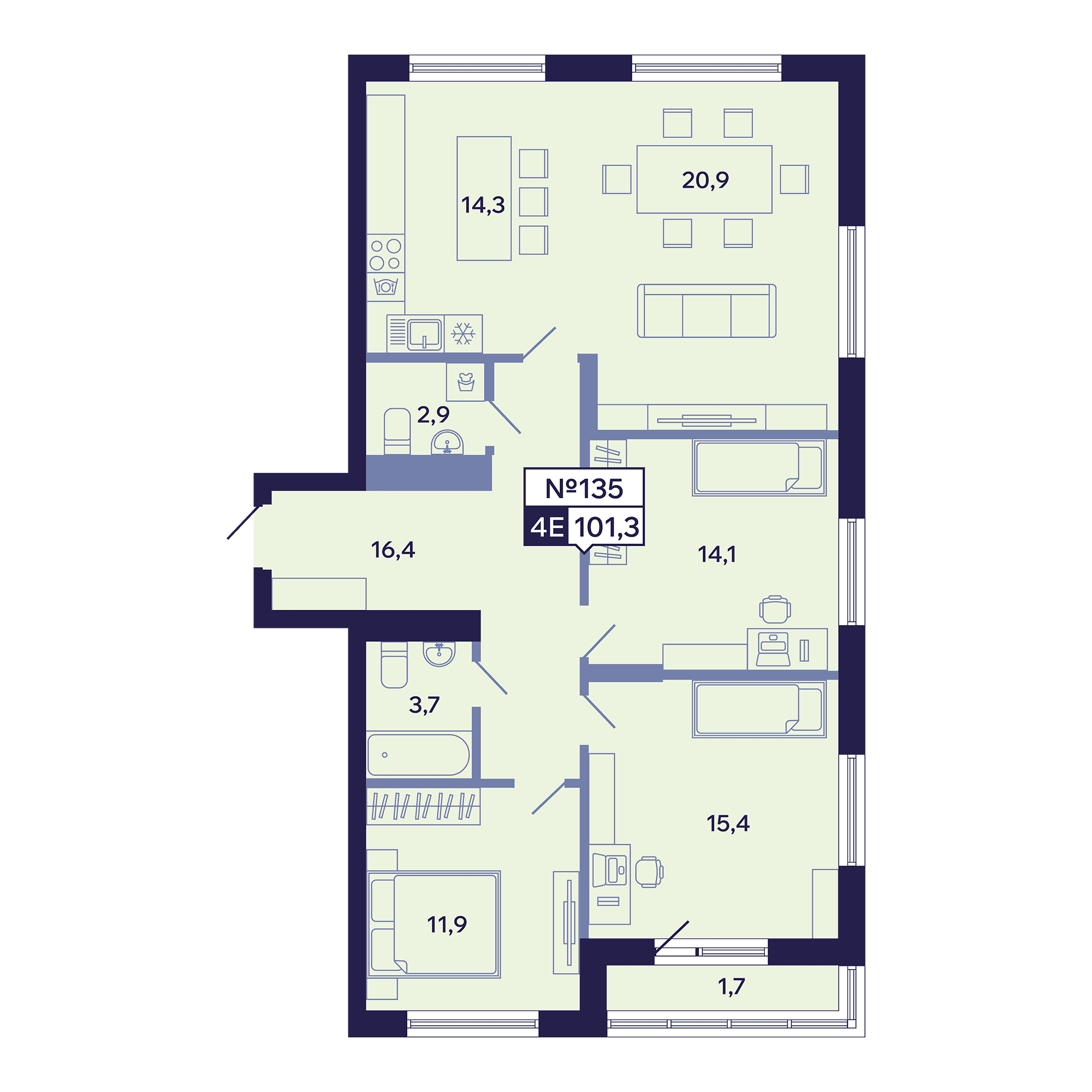 4 комн., 101.3 м²