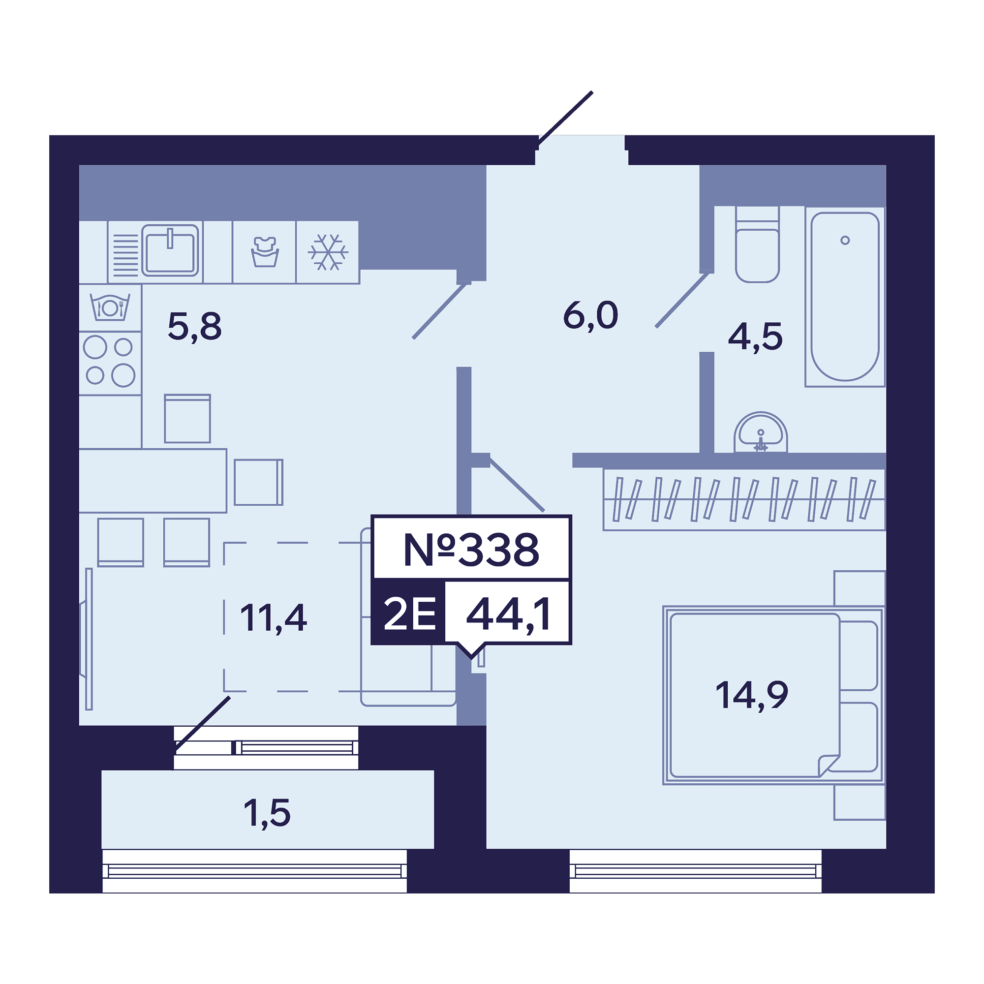 2 комн., 44.1 м²