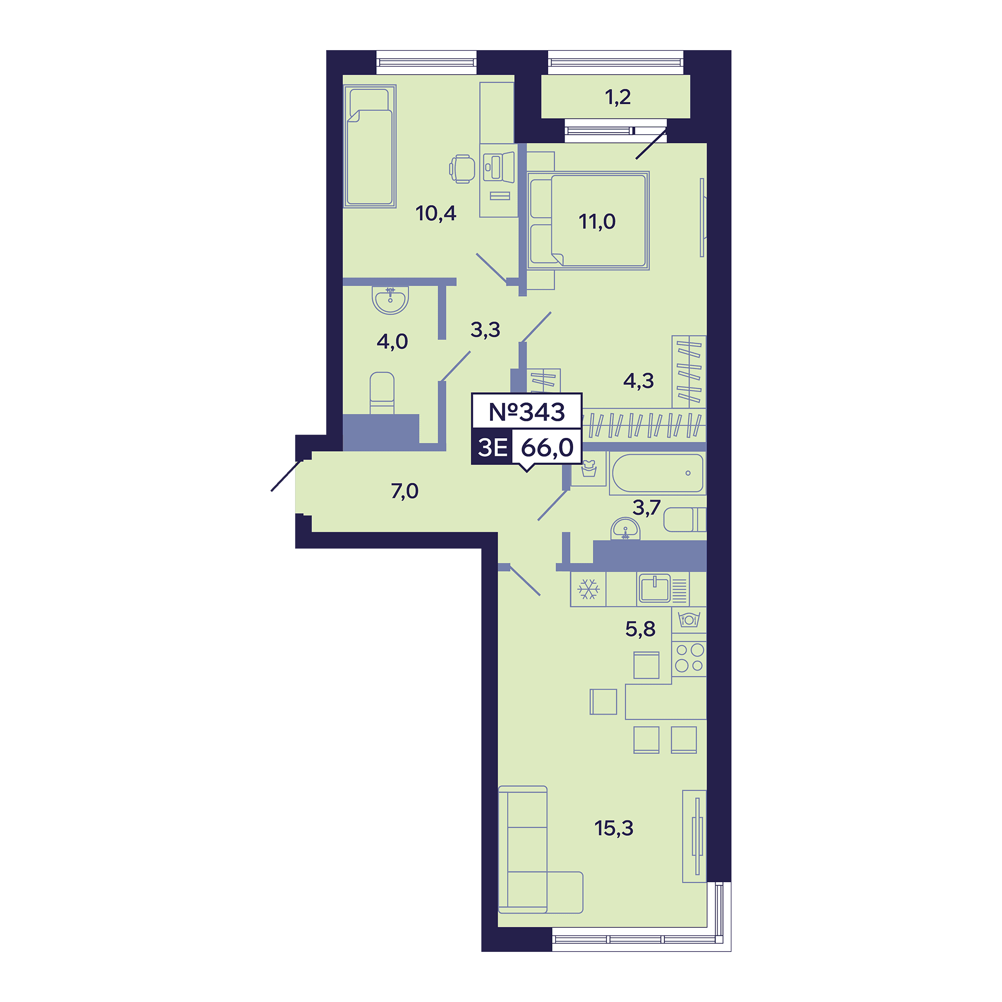 3 комн., 66.0 м²