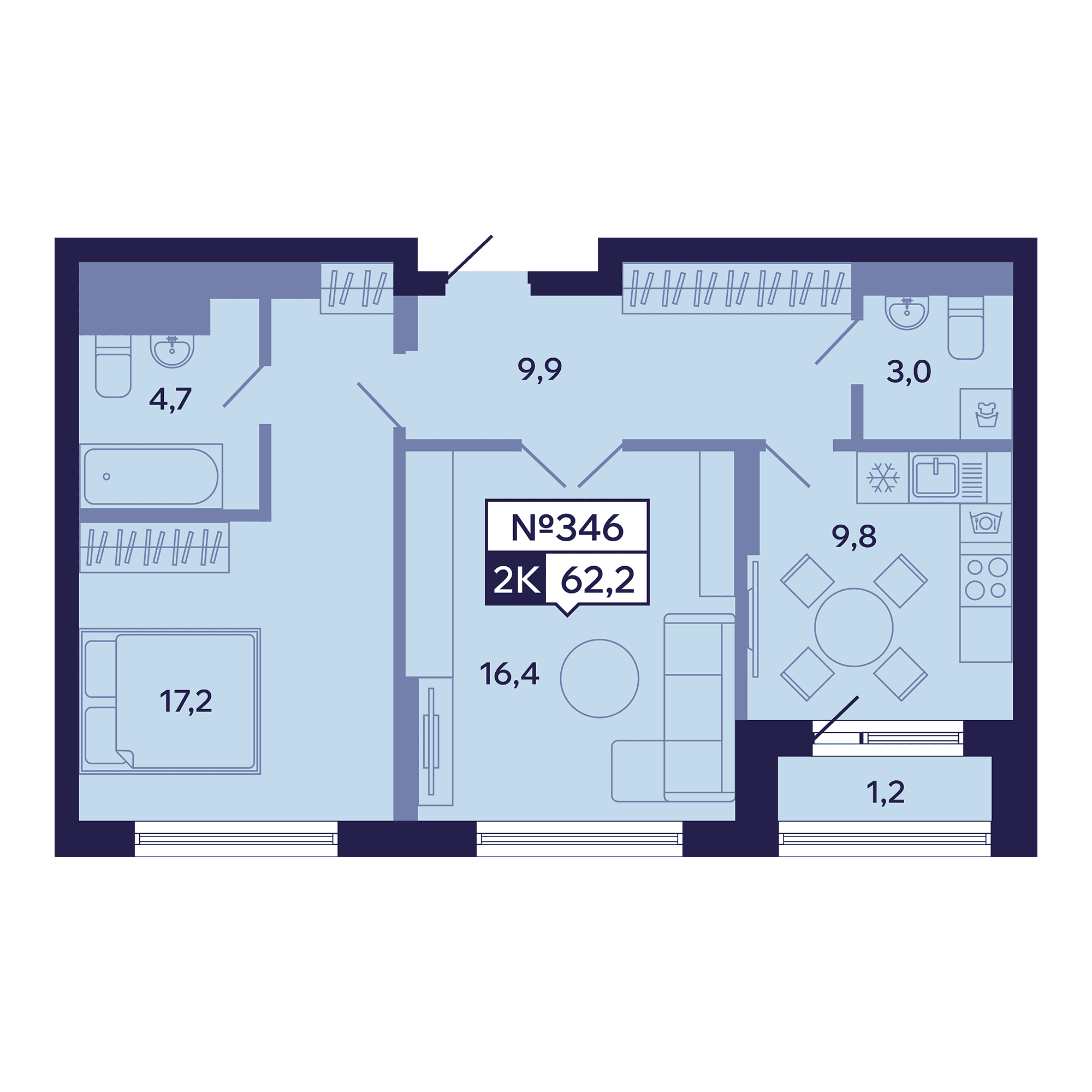 2 комн., 62.2 м²