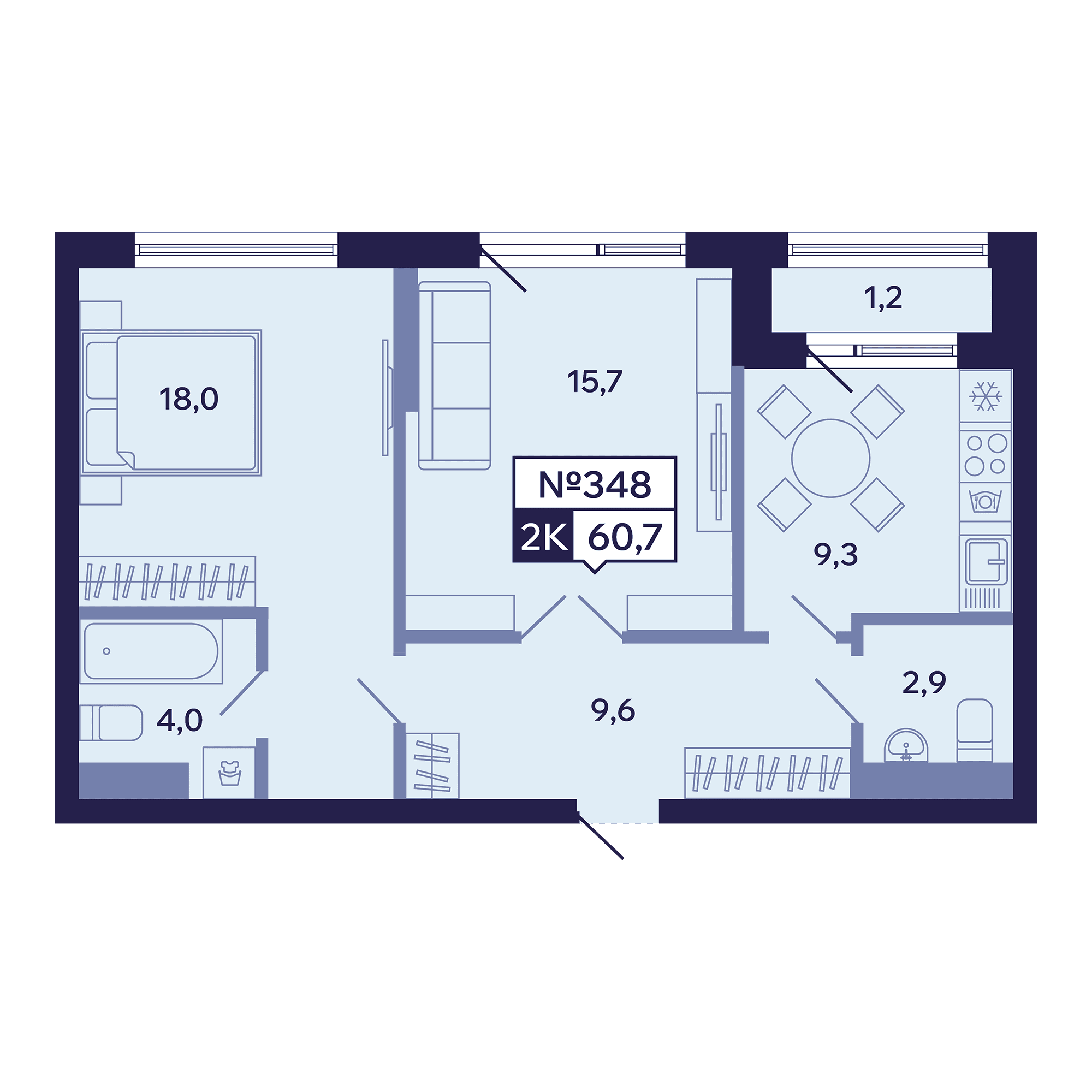 2 комн., 60.7 м²