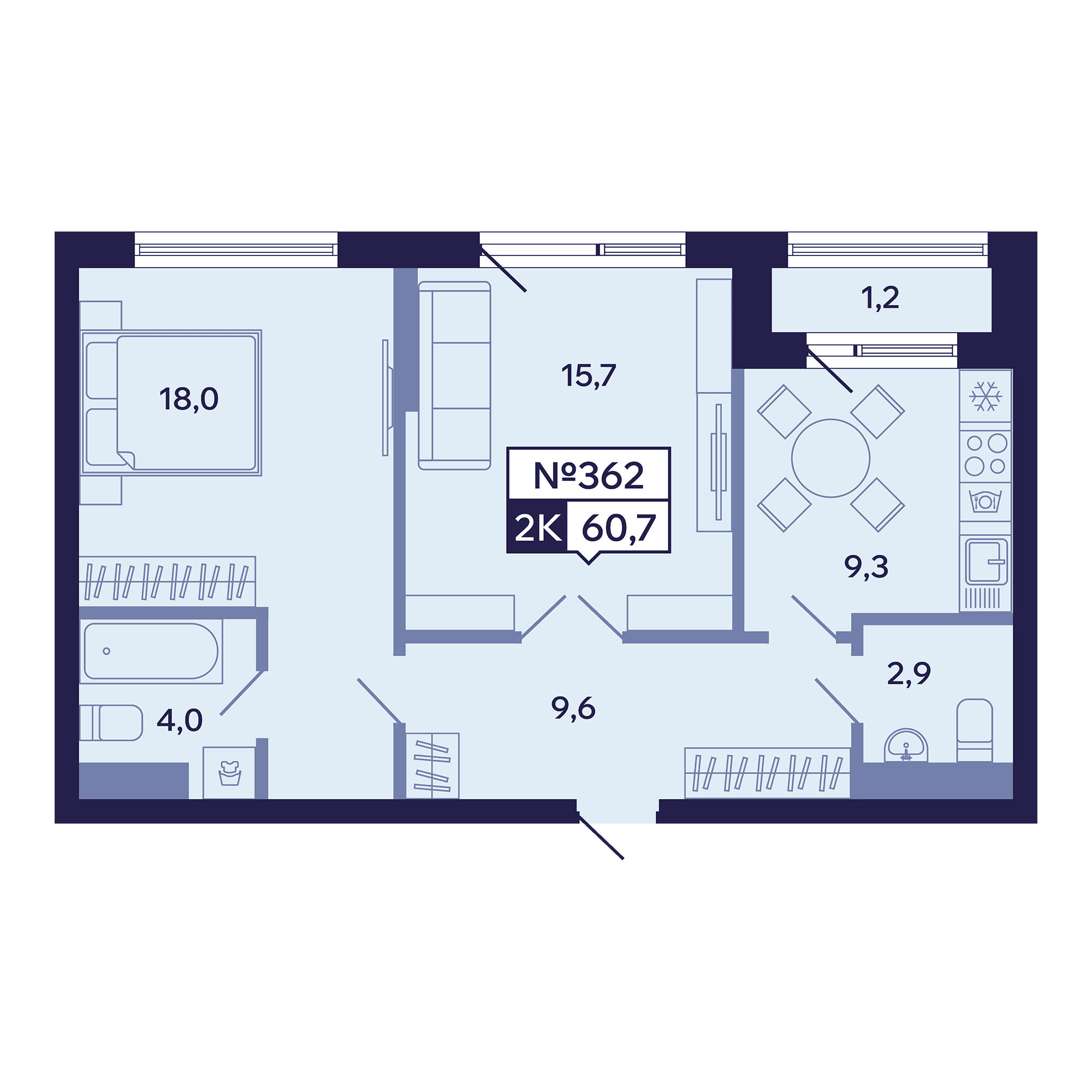 2 комн., 60.7 м²