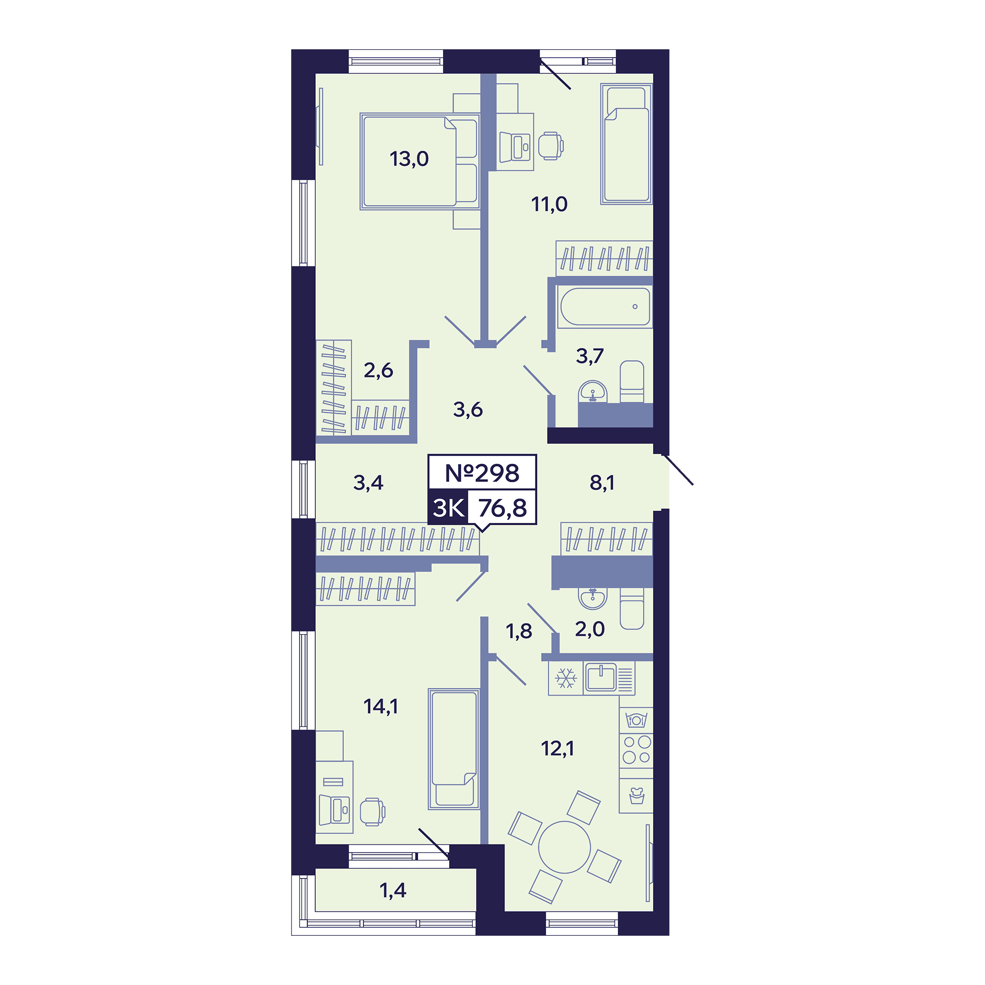 3 комн., 76.8 м²
