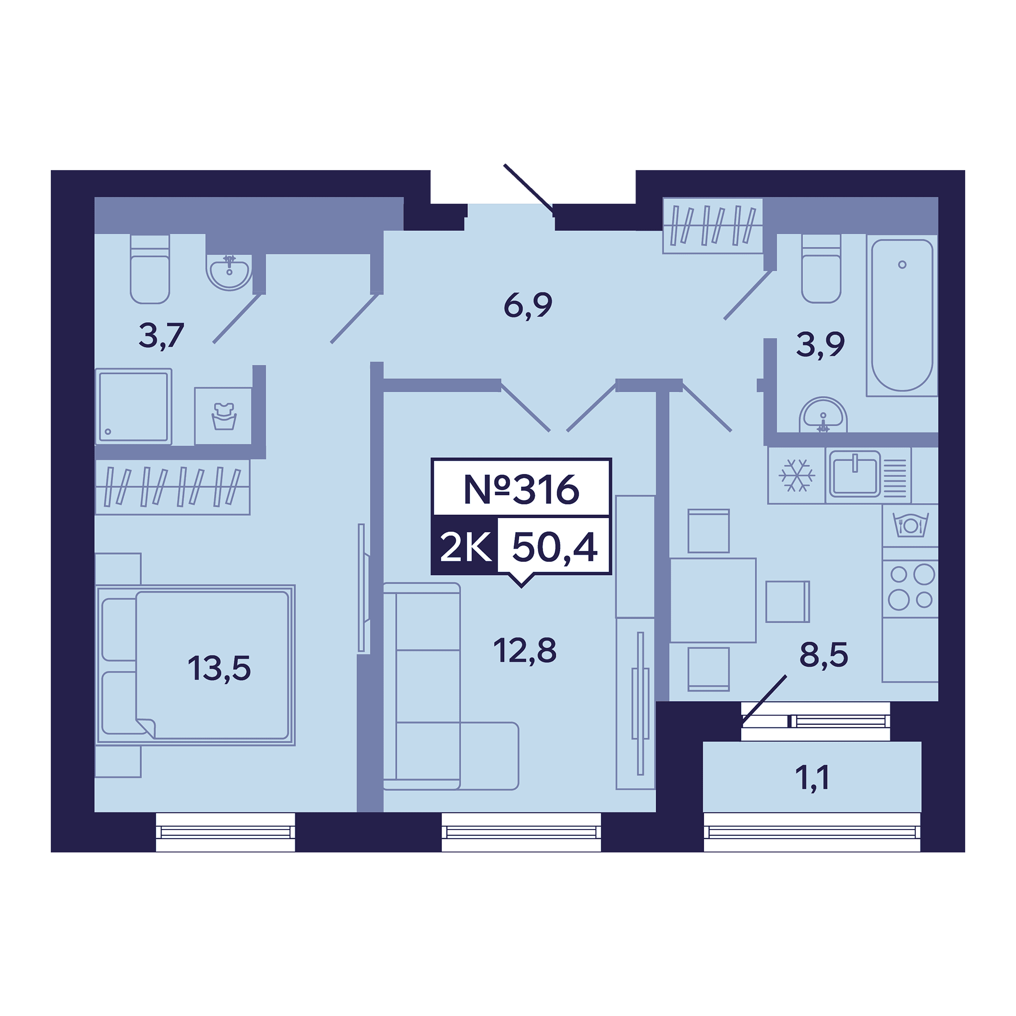 2 комн., 50.4 м²
