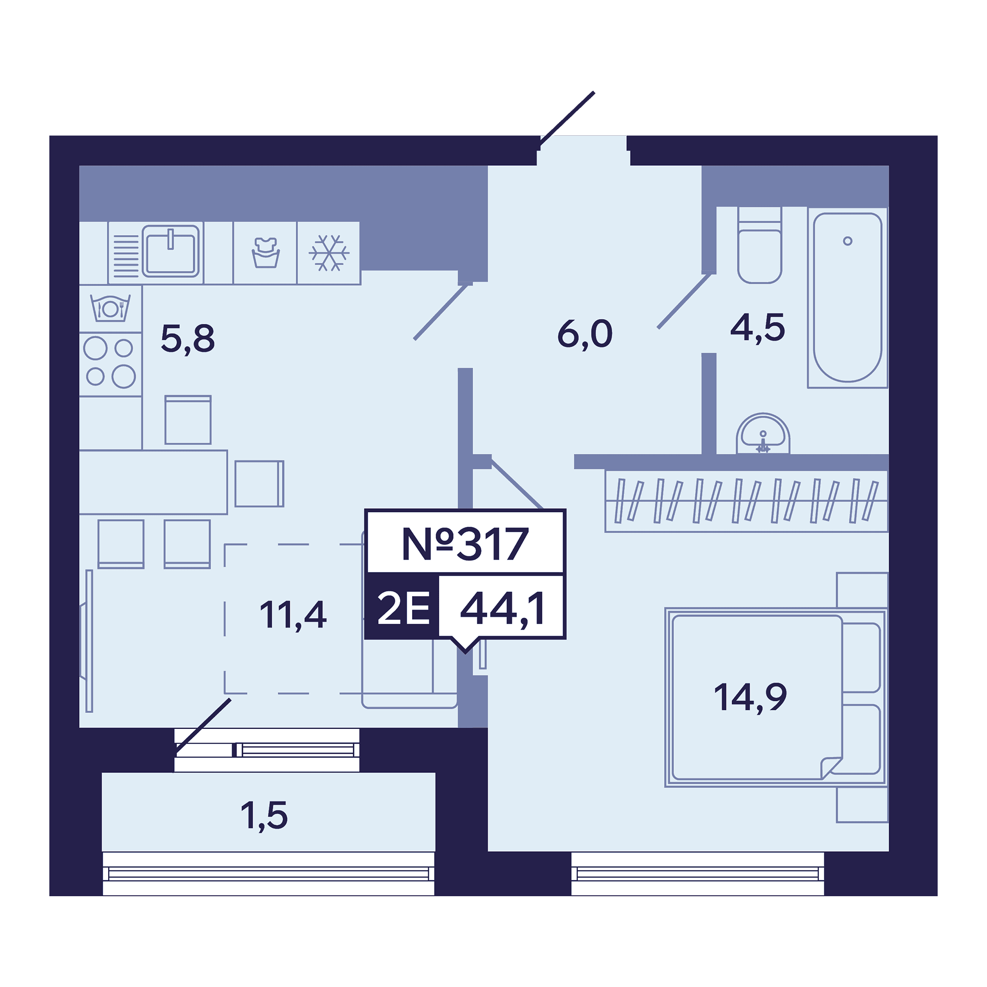 2 комн., 44.1 м²