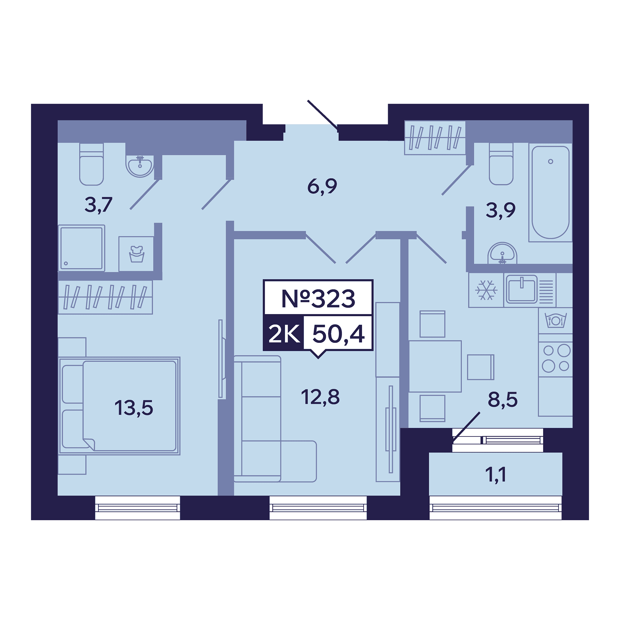 2 комн., 50.4 м²