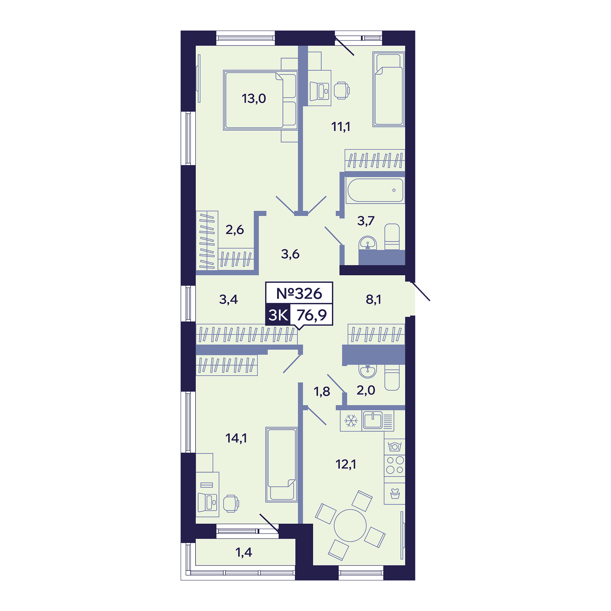 3 комн., 76.9 м²