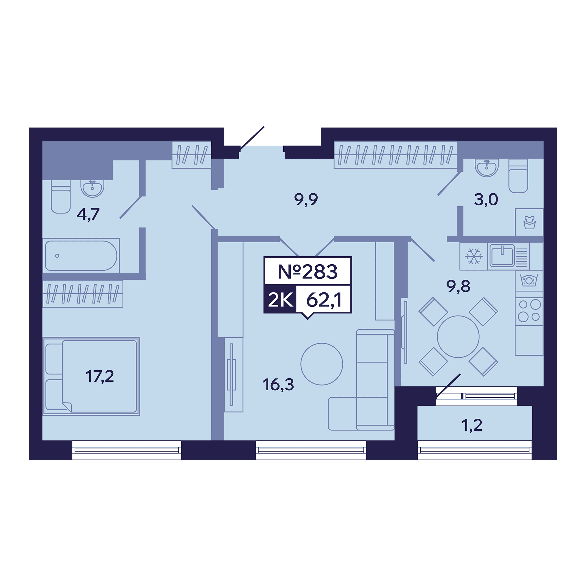 2 комн., 62.1 м²