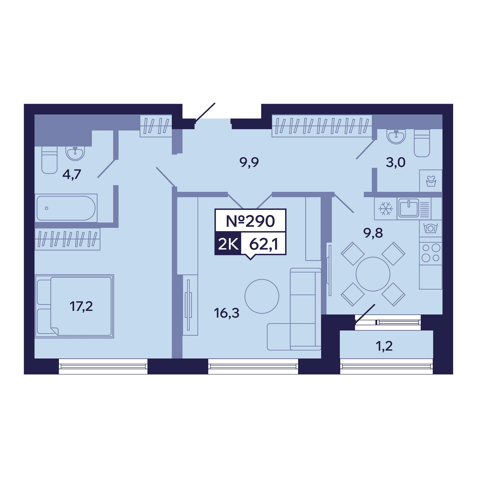 2 комн., 62.1 м²