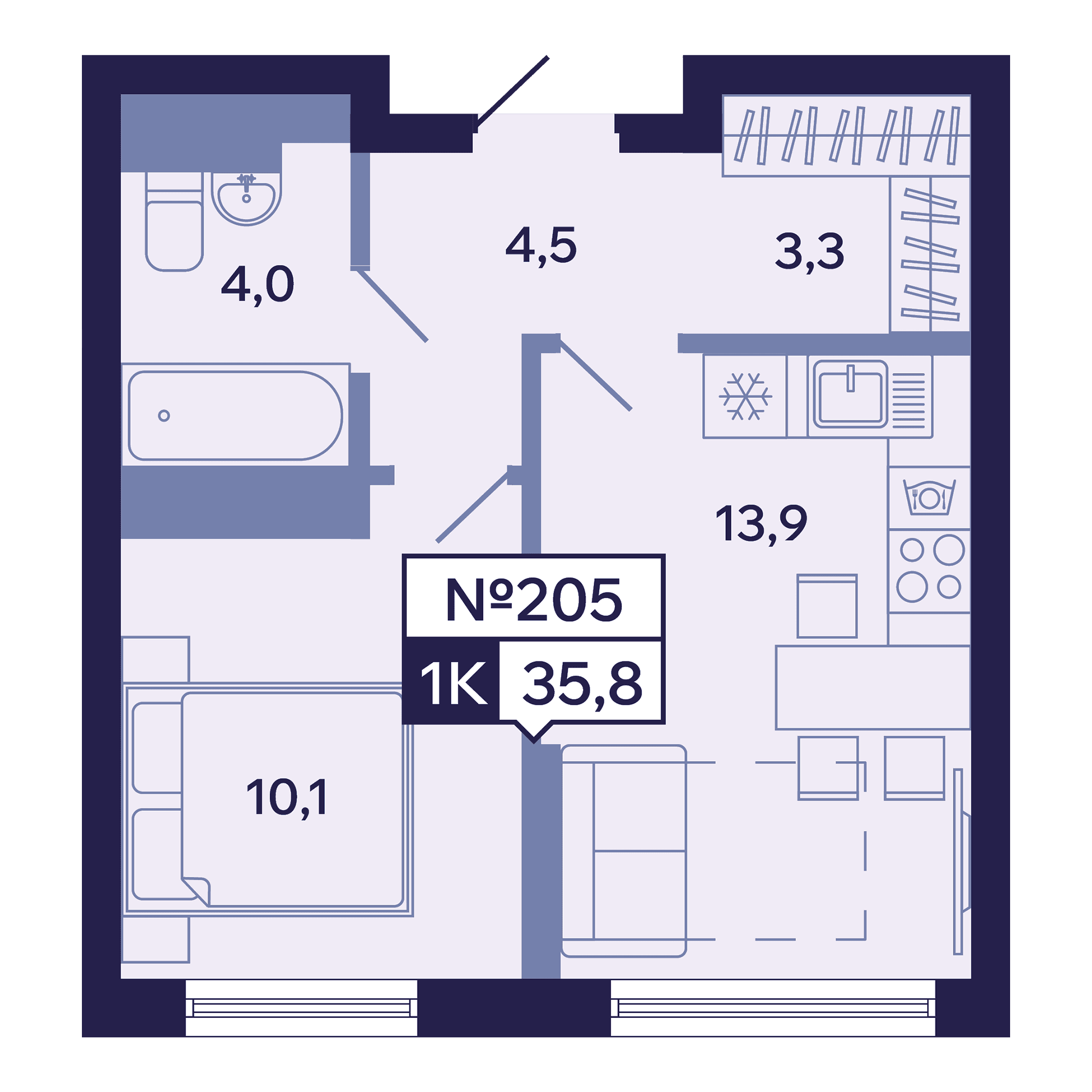 1 комн., 35.8 м²