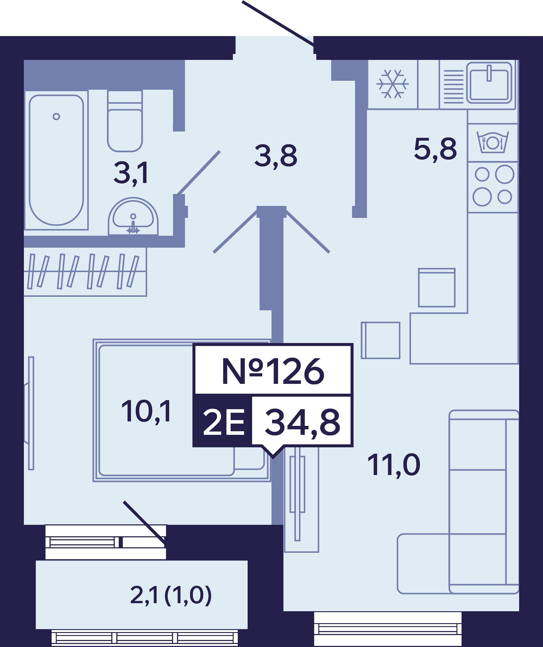 2 комн., 34.8 м²