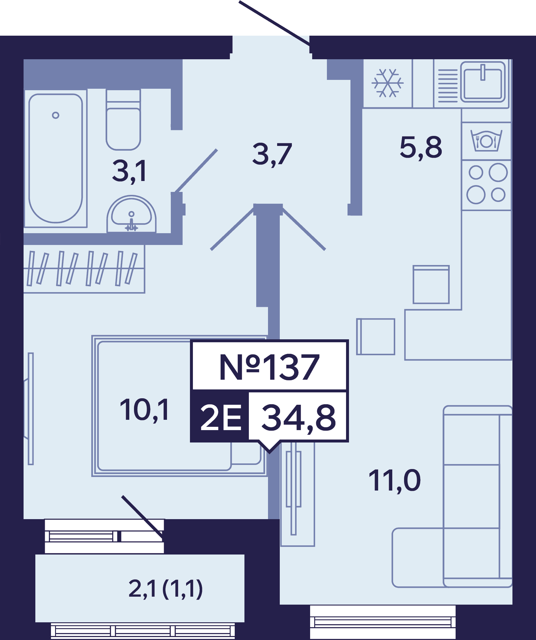 2 комн., 34.8 м²