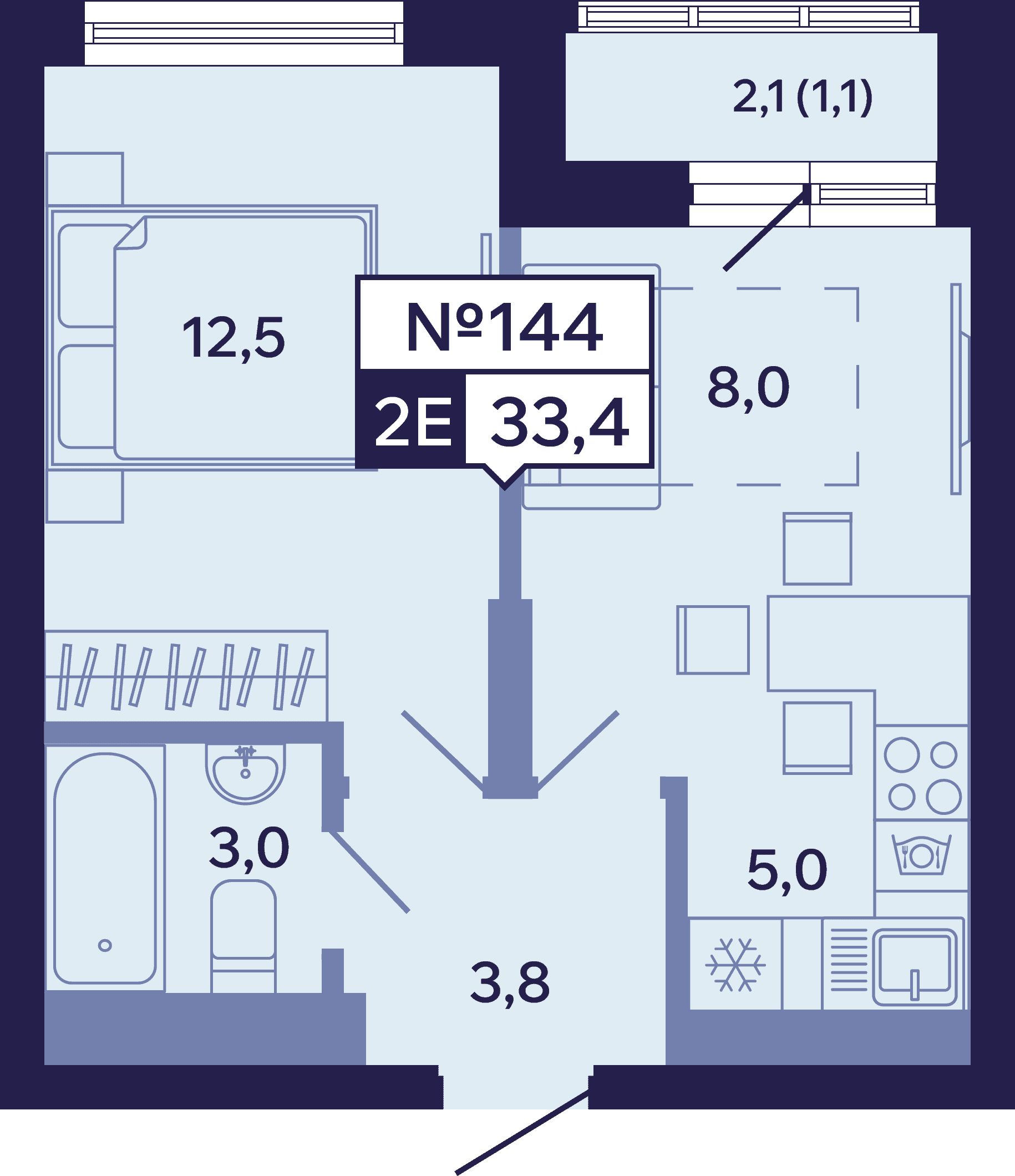 2 комн., 33.4 м²