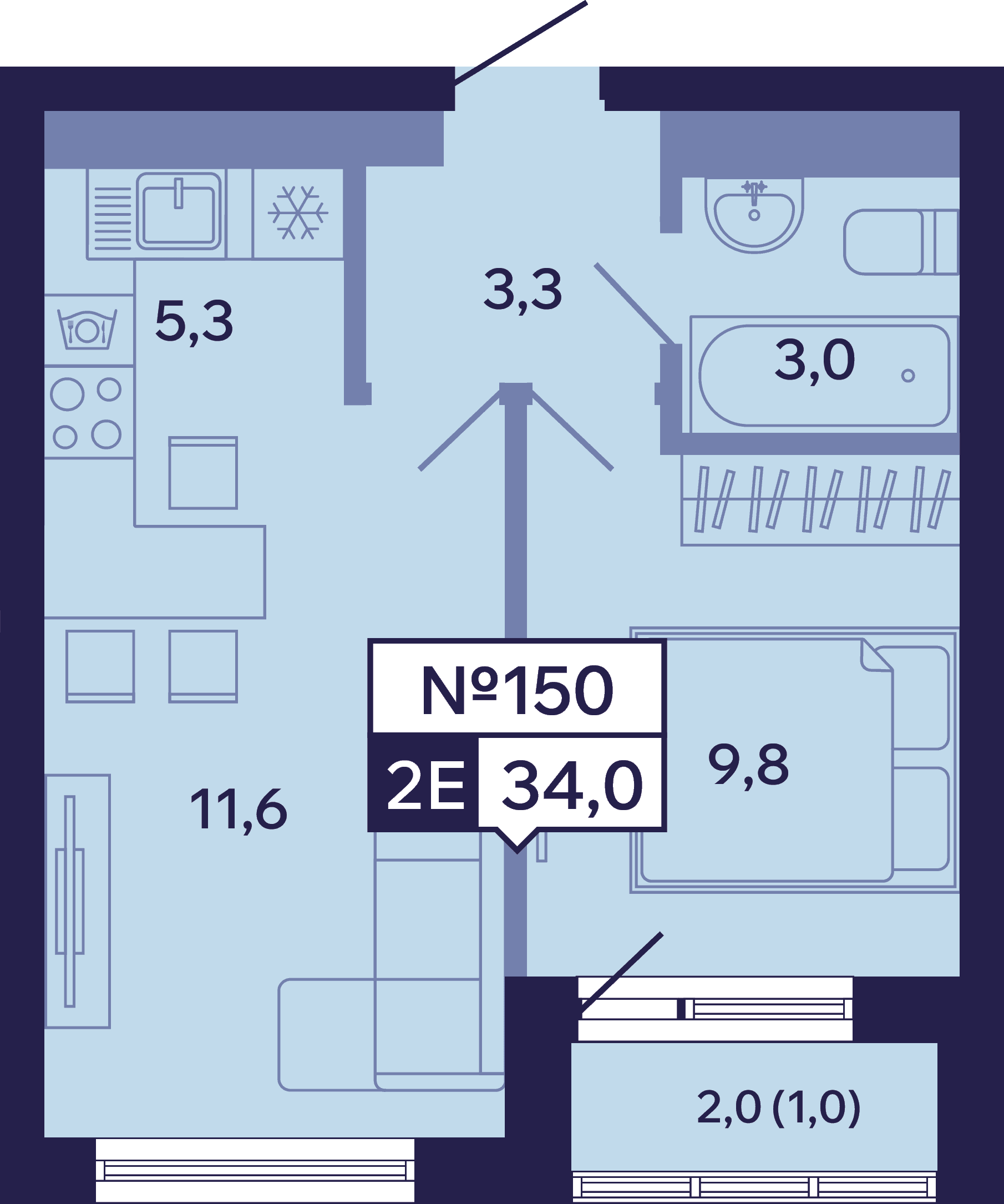 2 комн., 34.0 м²