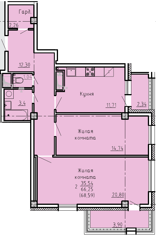 2 комн., 68.6 м²